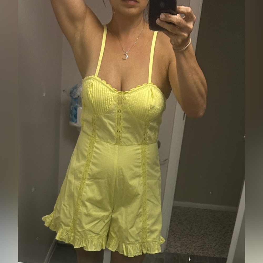 Cute Shorts Romper XS Juliette Lace Inset Romper, yellow. Feminine. Flattering.